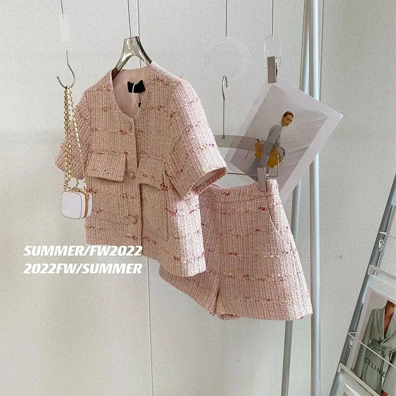 Set di pantaloncini 2 pezzi Completi da donna O Collo Giacca di tweed rosa Femme Crop Cardigan Top Cappotto coreano Pantalone corto
