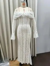 Sexy Hollow Out Women See-through Lace Up Party Dress femminile maniche svasate petto avvolto abiti 2024 Summer Lady Seaside Gowns