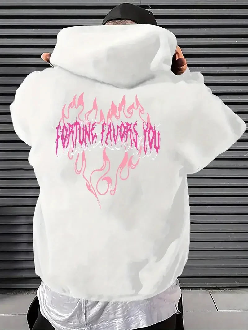 Felpa con Cappuccio Casual da Uomo per Autunno-Inverno, Stampa con Lettere e Fiamme Rosa, Comoda per Sport all'Aperto