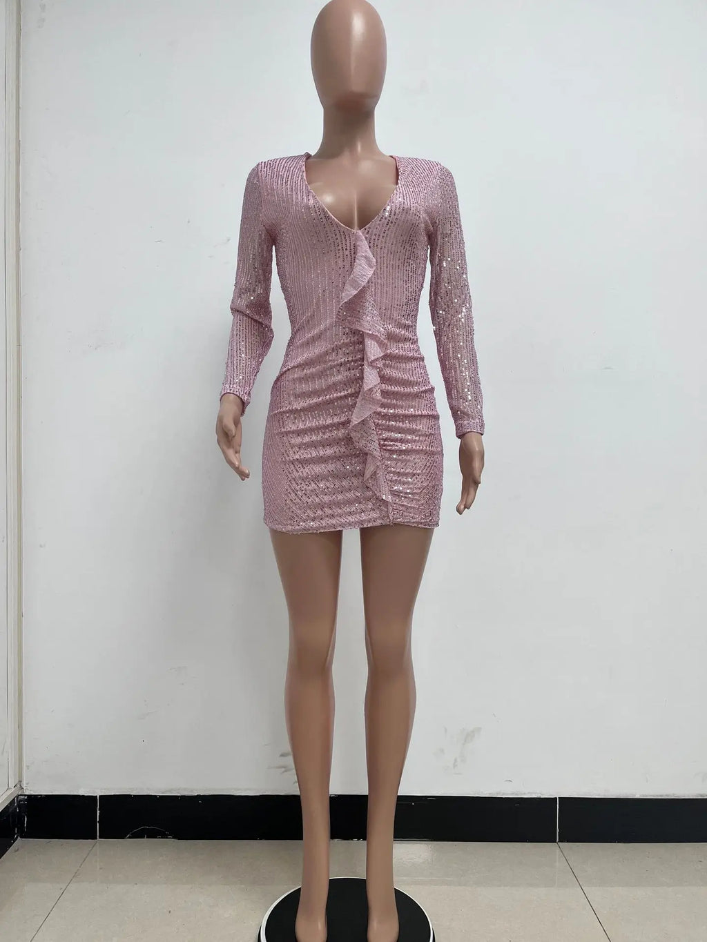 Gonna da donna con paillettes a maniche lunghe con scollo a V profondo Temperamento Abito aderente con bordo arricciato a pieghe Abito estivo da donna
