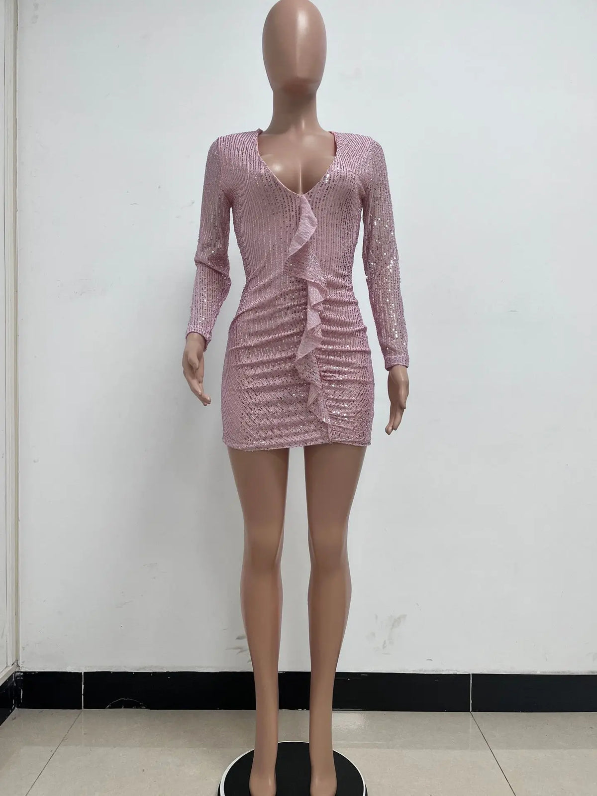Gonna da donna con paillettes a maniche lunghe con scollo a V profondo Temperamento Abito aderente con bordo arricciato a pieghe Abito estivo da donna