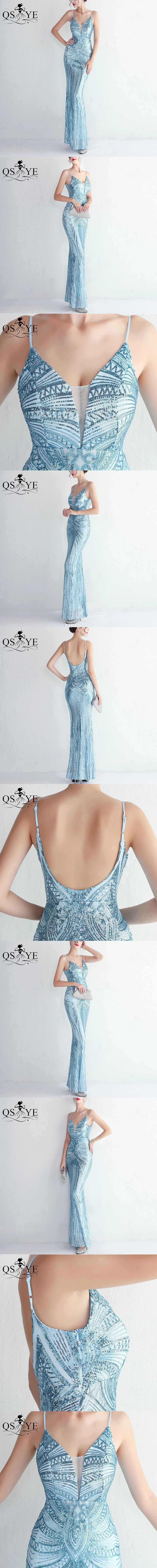 Abito da sera lungo nero semplice con paillettes, modello a sirena, spalline sottili, scollo a V, senza schienale, elegante per feste