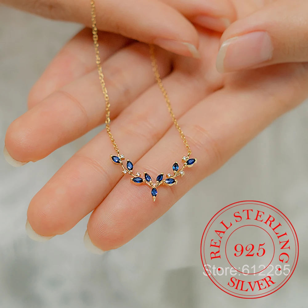 Collana con catene a foglie di cristallo con zirconi in argento sterling 925 placcato oro 18 carati per le donne, catena con clavicola, regalo di gioielli per feste di compleanno