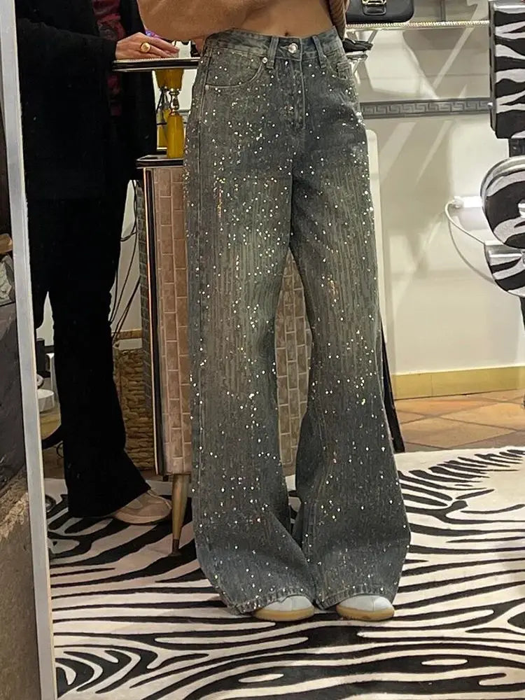 Pantaloni in denim con strass lavati americani retrò da donna estivi Pantaloni lunghi a gamba larga per ragazza piccante Millennium Heavy Duty Full Sky Star