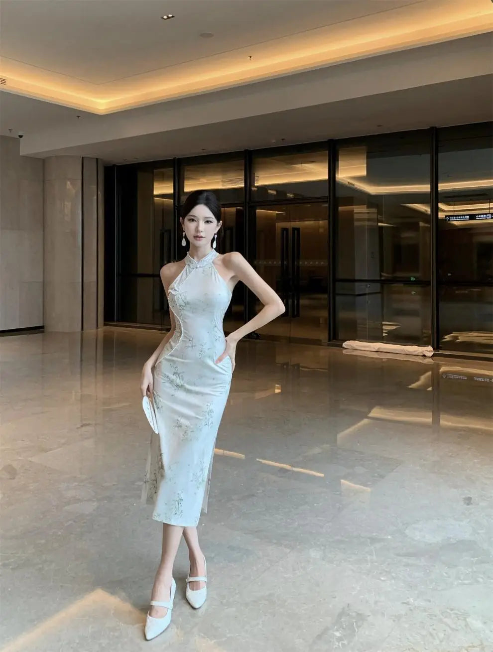 Abito lungo a vita alta senza maniche, stile retrò, con perline, modello cheongsam migliorato, aderente e snellente, per il tempo libero e il commuting.