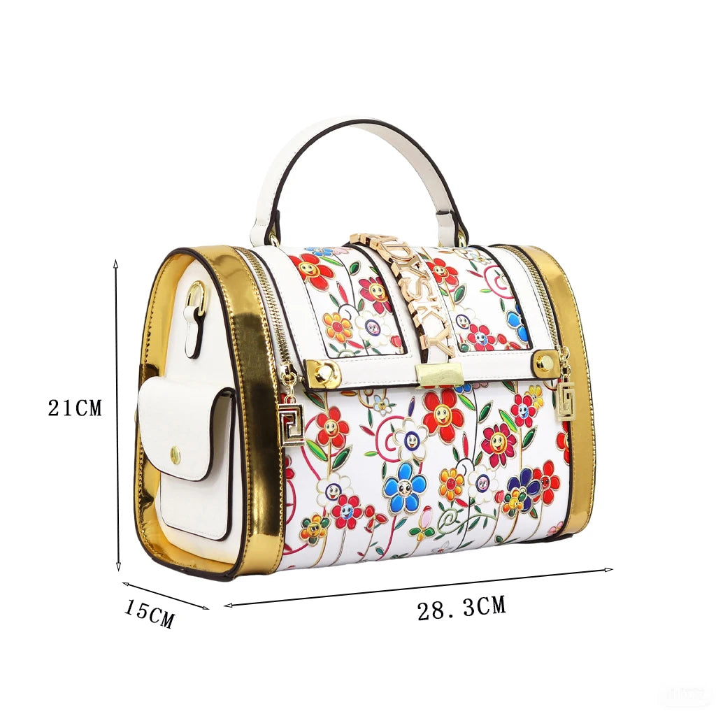 Borsa da donna con stampa di fiori e piante alla moda Borsa da donna con cuscino con cuciture intelligenti Borsa da donna di grande volume Borsa a spalla singola
