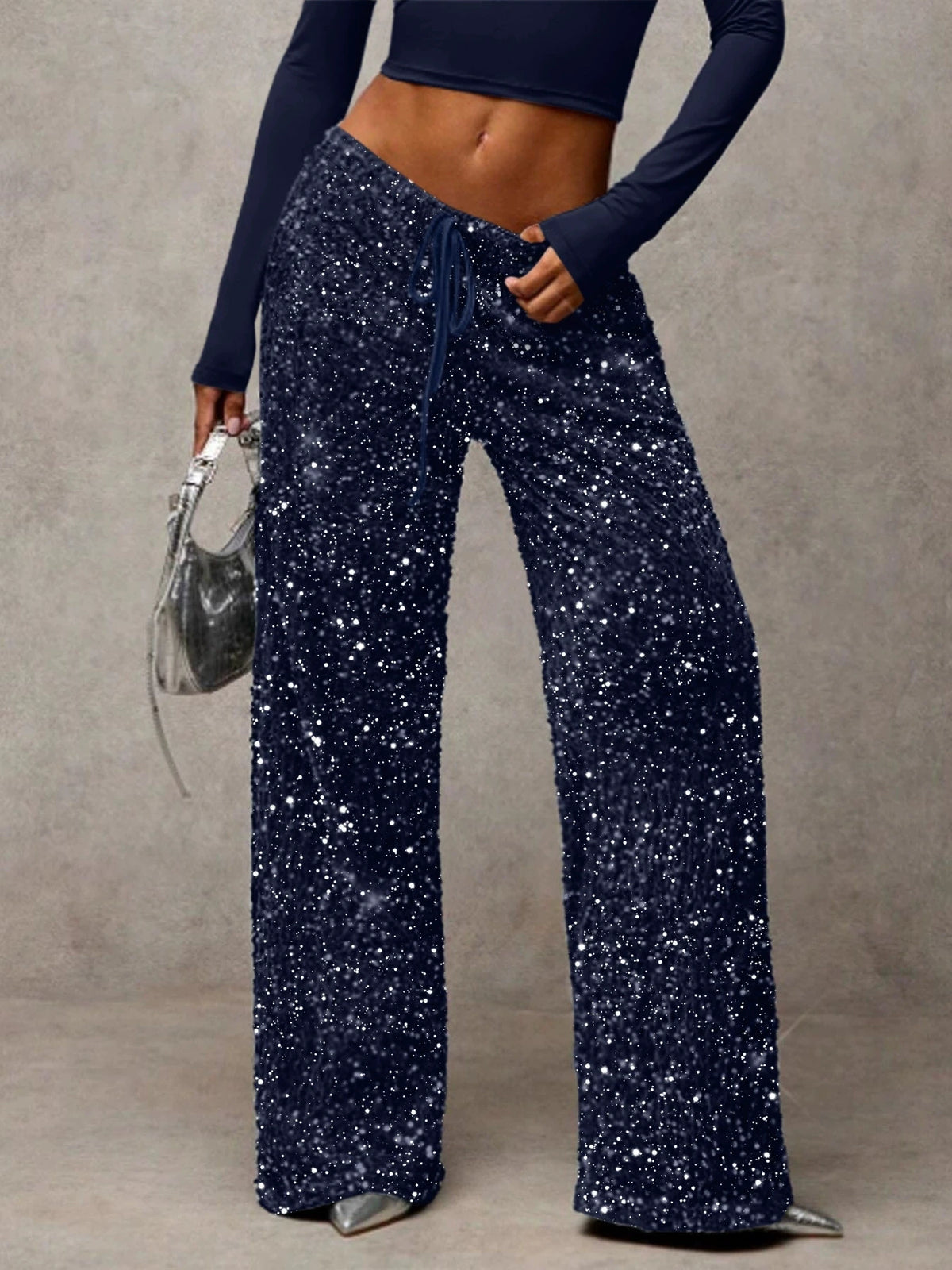 Pantaloni da donna in stile euro-americano con paillettes, coulisse alla moda, effetto snellente, nuovi, elastici, a gamba dritta.