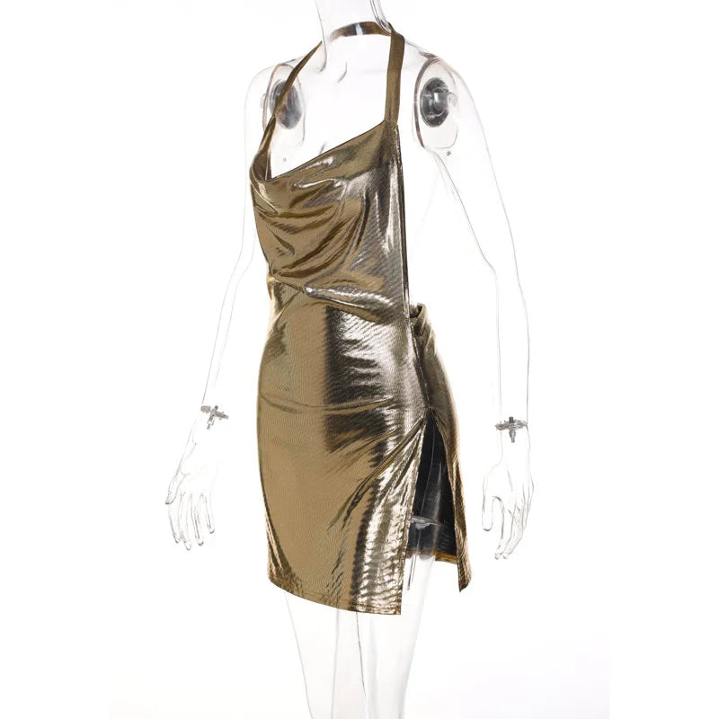 Abito corto elegante da donna sexy e alla moda con collo appeso, fondo senza schienale, abito da ballo per ragazza da festa con paillettes sul petto