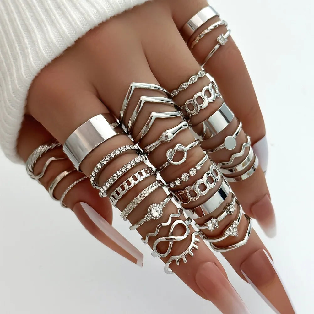 30 pezzi Set tendenza di lusso color oro geometrico a forma di 8 zirconi imitazione anelli di perle per le donne set di gioielli con ciondoli multi-pezzo