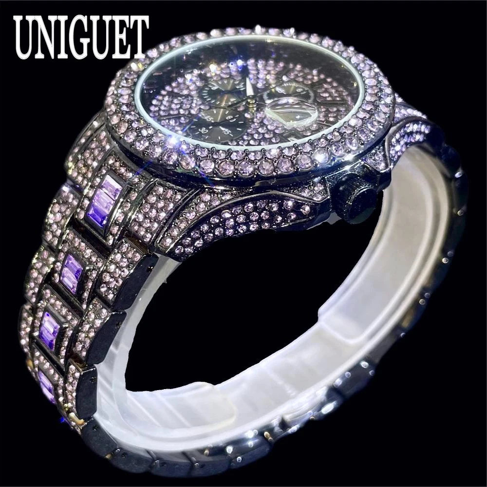 Vendita calda orologio rosso ghiaccio per uomo marchio di moda UNIGUET Hip Hop pieno di diamanti gioielli in acciaio inossidabile di lusso orologio da polso al quarzo uomo