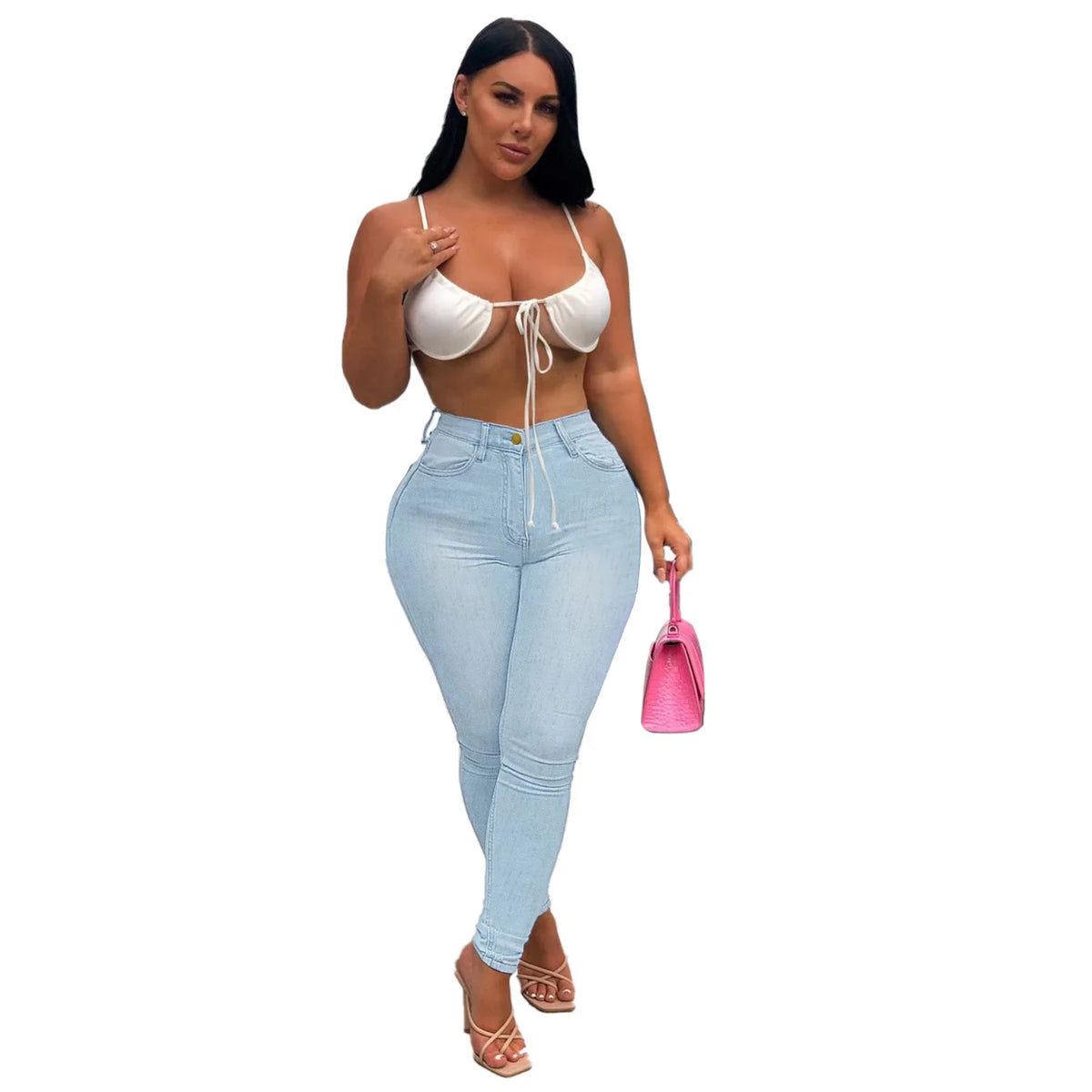 Jeans a Vita Alta da Donna 2026, Pantaloni Skinny Elasticizzati con Tasche, Effetto Consumato e Lavato, Lunghezza alla Caviglia, Stile Streetwear
