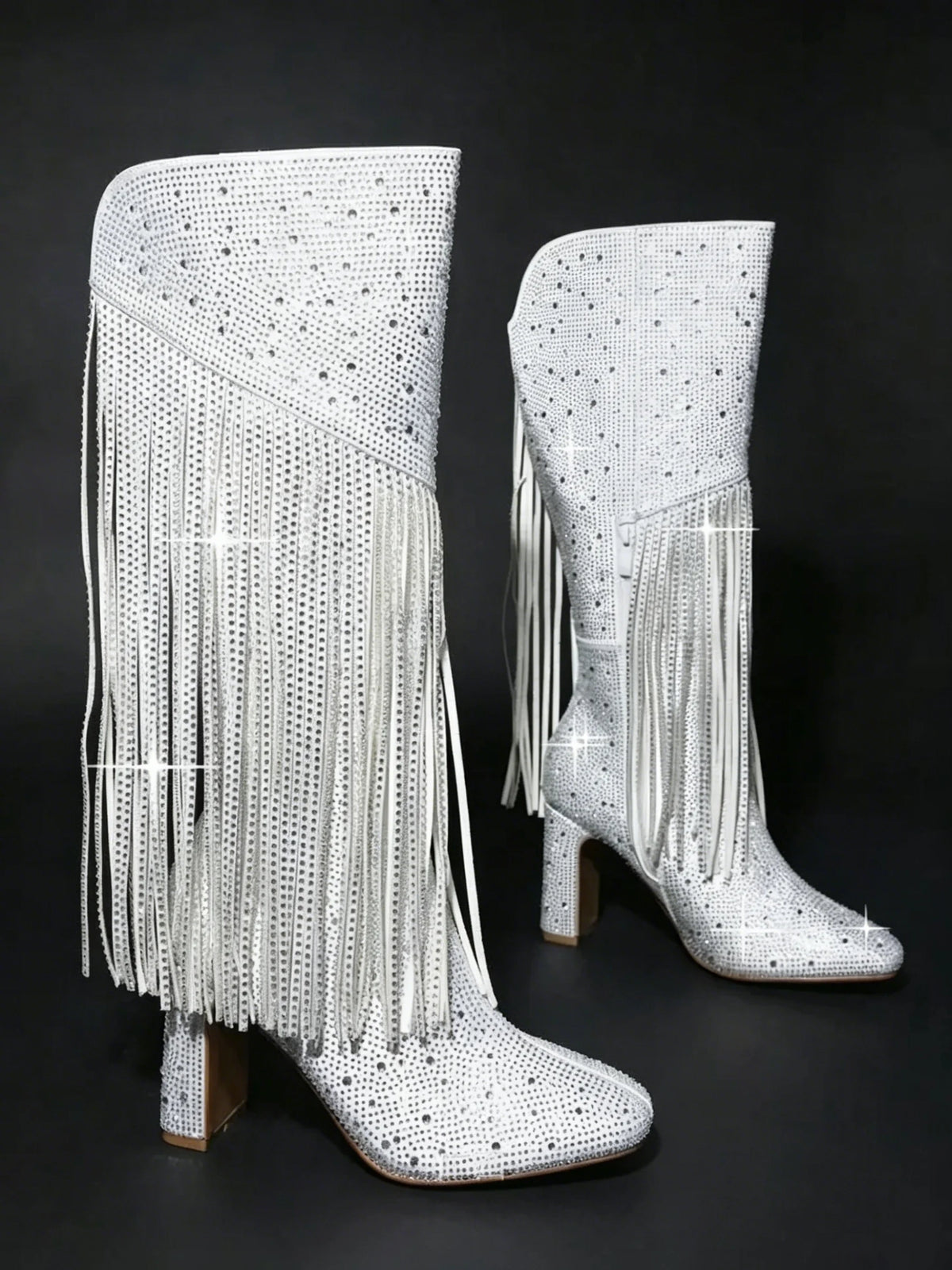 Stivali da Donna con Strass e Frange, Punta Affusolata, Tacco a Spillo, Design con Cerniera, Taglie Grandi