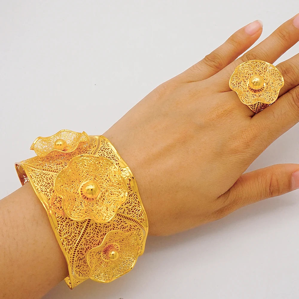 Bracciale color oro Dubai con anello per donna Bracciale con polsino a catena con ciondoli Bracciale indiano Arabo Francia Regali di gioielli da sposa