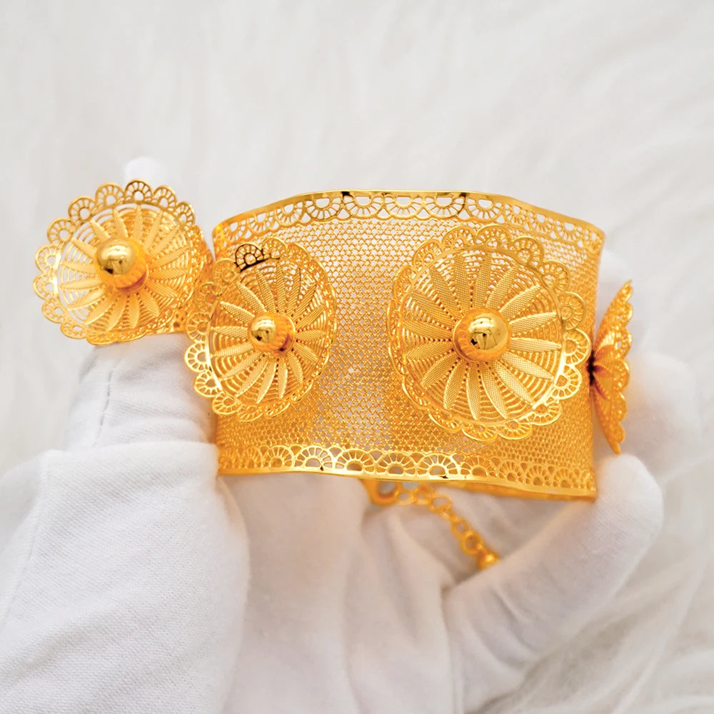 Bracciale color oro Dubai con anello per donna Bracciale con polsino a catena con ciondoli Bracciale indiano Arabo Francia Regali di gioielli da sposa