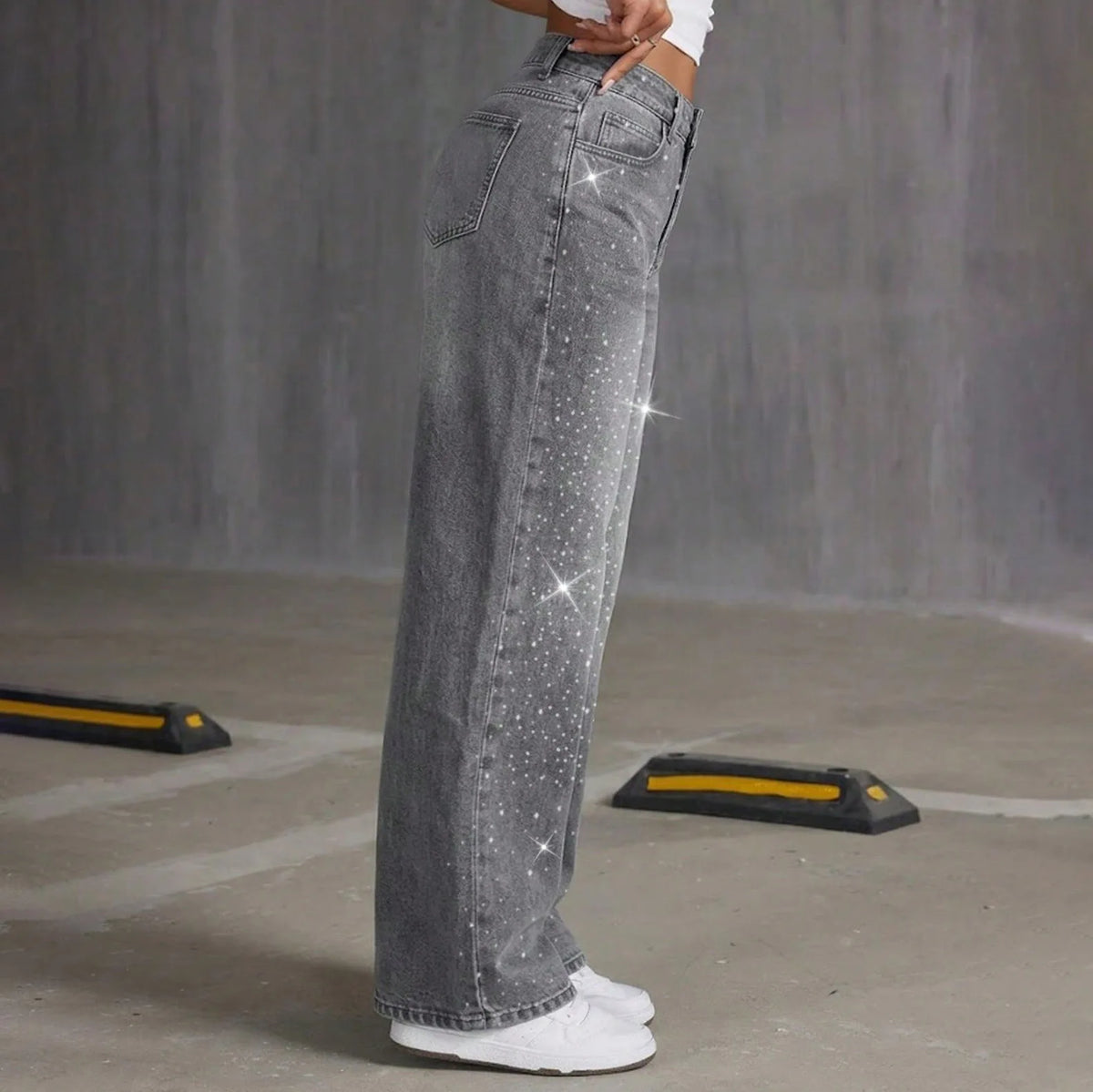Jeans a Gamba Dritta con Strass Grigi, Pantaloni Lunghi e Larghi, Comodi e Casual in Stile Coreano, Jeans in Denim di Cotone
