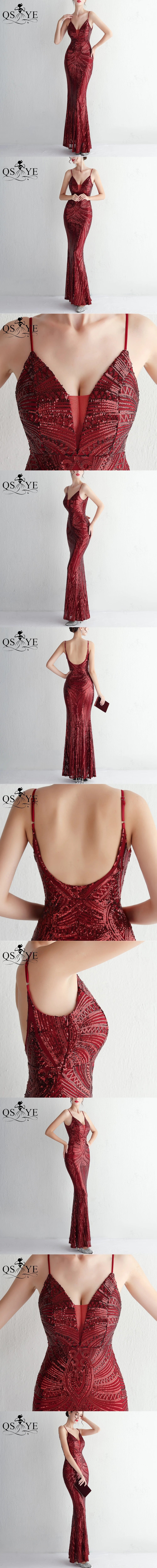 Abito da sera lungo nero semplice con paillettes, modello a sirena, spalline sottili, scollo a V, senza schienale, elegante per feste