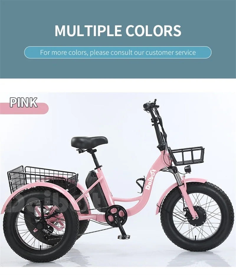 Triciclo eléctrico para adultos 3 ruedas 500W 48V Fat Tire Bicicleta eléctrica de carga para damas Batería extraíble impermeable y antirrobo