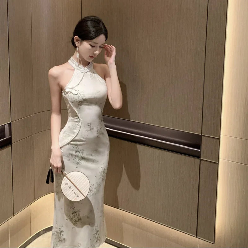 Abito lungo a vita alta senza maniche, stile retrò, con perline, modello cheongsam migliorato, aderente e snellente, per il tempo libero e il commuting.
