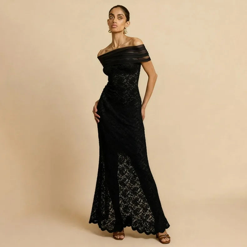 Abito lungo elegante da sera per damigella d'onore, sexy e alla moda, con scollo asimmetrico a spalla scoperta, in rete e con dettaglio avvolgente sui glutei.