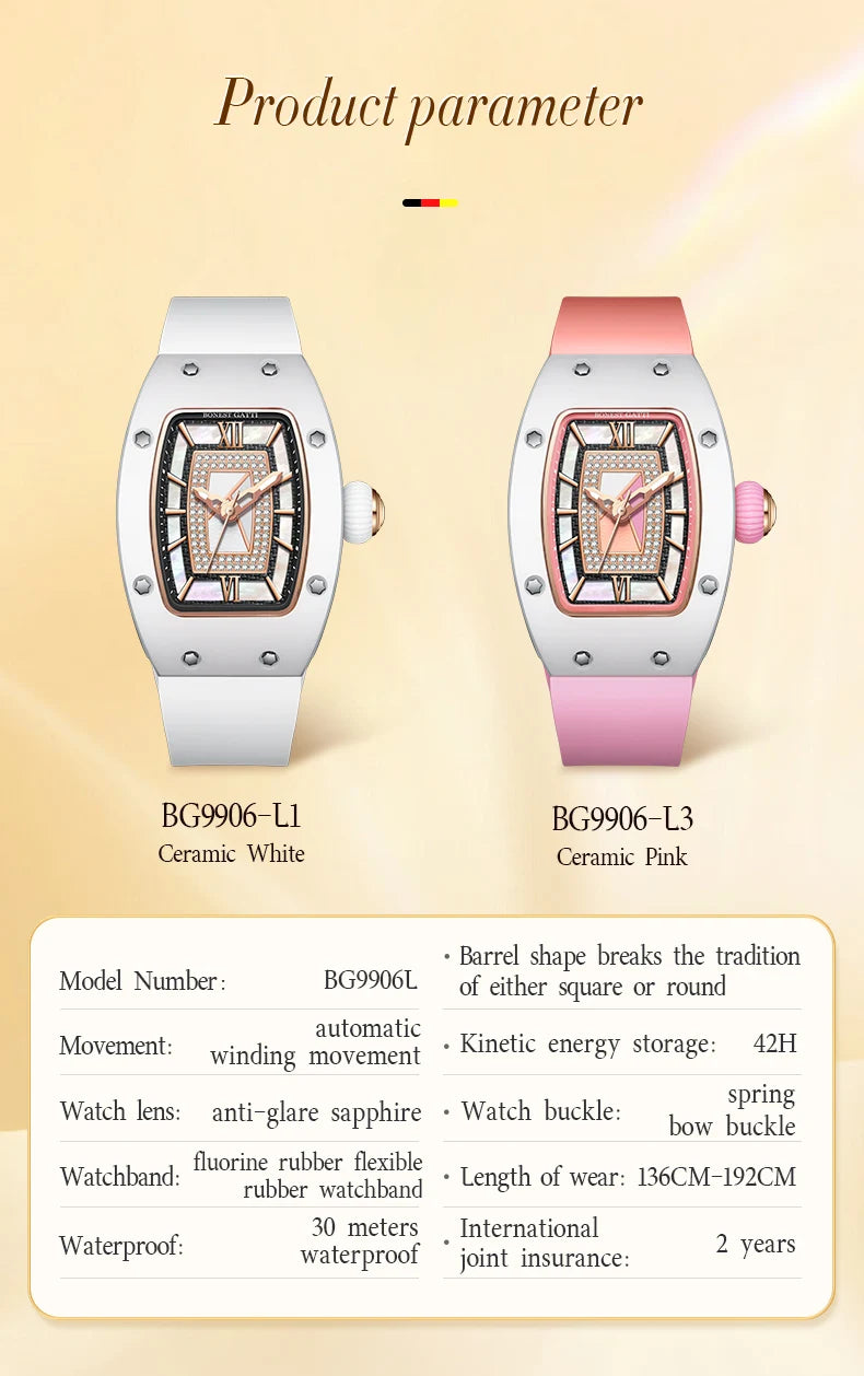 Orologio BONEST GATTI da Donna, Moda Lusso Leggero, Meccanico a Barile, Regalo di San Valentino per la Fidanzata, Serie Phantom con Scatola Orologio