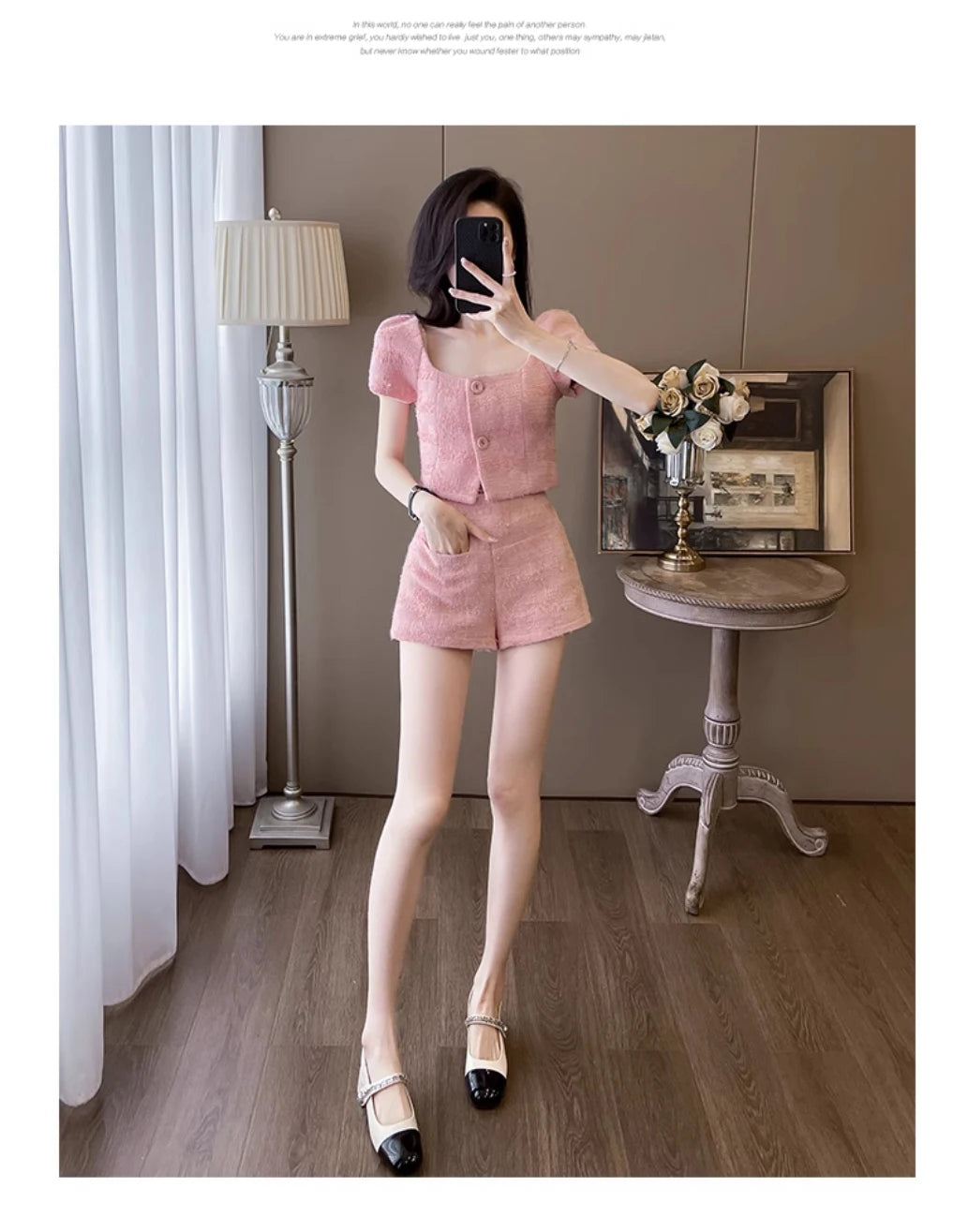 Camicia corta da donna con colletto quadrato in tweed grossolano stile street Pantaloncini slim coreani a vita alta Estate dolce rosa alla moda Due pezzi