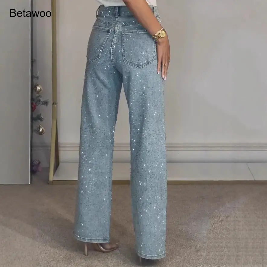 Jeans da Donna a Vita Alta con Strass, Gamba Larga, Lavaggio Chiaro, Pantaloni in Denim Scintillanti a Gamba Dritta