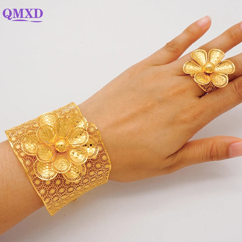Bracciale color oro Dubai con anello per donna Bracciale con polsino a catena con ciondoli Bracciale indiano Arabo Francia Regali di gioielli da sposa