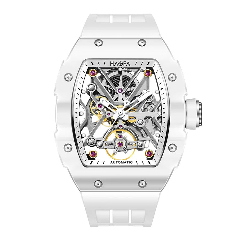 Haofa Orologio meccanico automatico scheletrato per uomo Lunetta in ceramica Zaffiro Luminoso Orologio sportivo da uomo con carica automatica impermeabile 1988