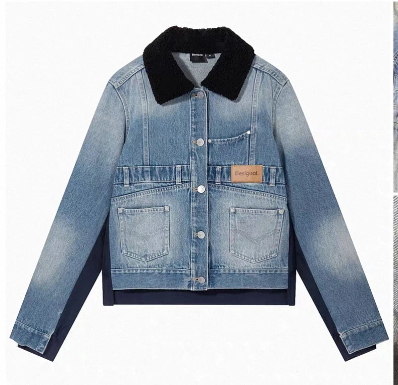 Una nuova giacca di jeans ampia e casual spagnola ricamata e color block dalla ordine di esportazione originale