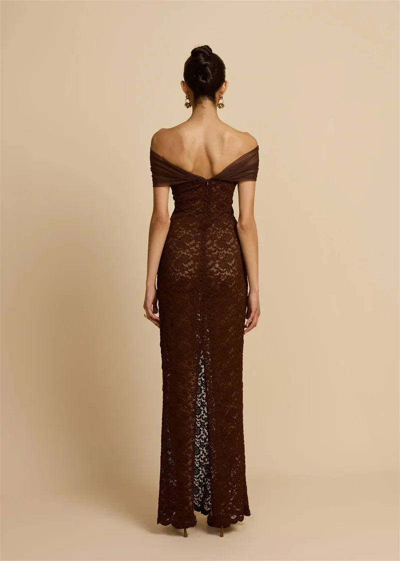 Abito lungo sexy senza schienale con spalle scoperte in pizzo Abito da donna Elegante abito da club aderente diviso senza spalline senza spalline