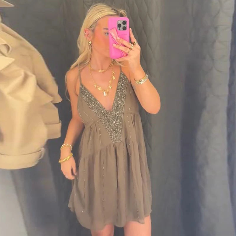 Piuma Paillettes Partywear Mini Abiti da donna Elegante maglia trasparente con paillettes Abito femminile a maniche lunghe 2024 New Club Abiti da sera