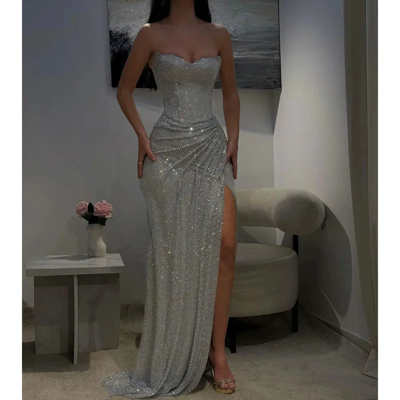 Abiti da Festa Personalizzati EVS, Abiti da Sera a Sirena Senza Spalline 2026, Abiti da Cerimonia Senza Maniche con Paillettes, Eleganti con Spacco Laterale Alto