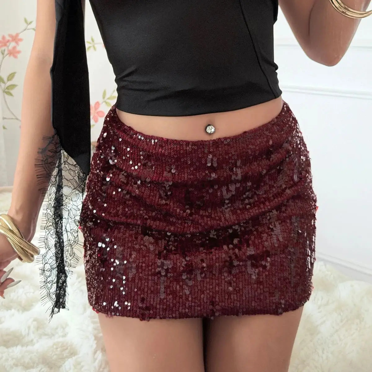Minigonna corta scintillante a vita alta Gonna a tubino con paillettes Donne sexy Elegante tinta unita Cocktail Club Party Gonne Streetwear