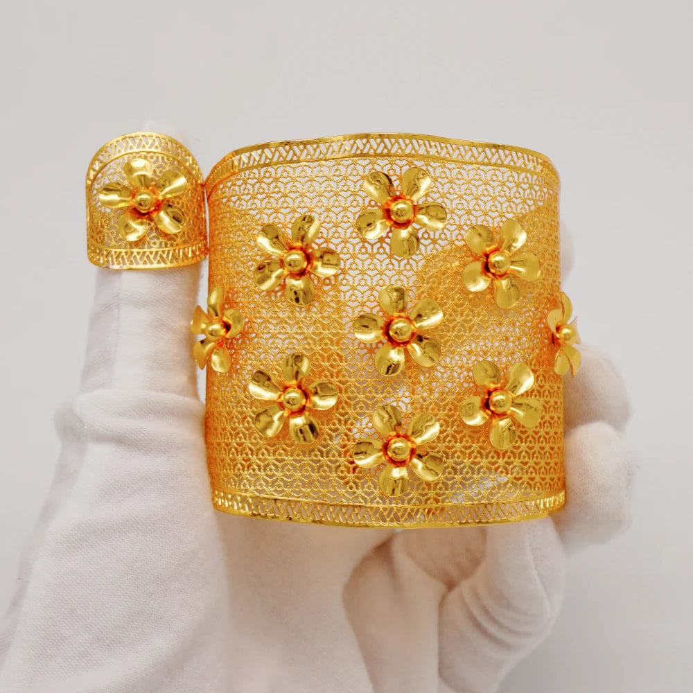 Bracciale color oro Dubai con anello per donna Bracciale con polsino a catena con ciondoli Bracciale indiano Arabo Francia Regali di gioielli da sposa