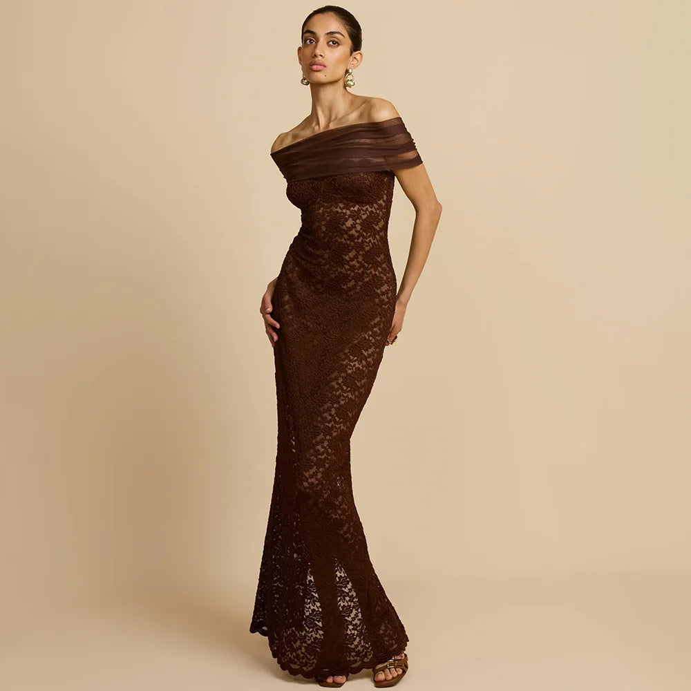Apprabant Donne 2025 Nuovo Off Spalla Sirena Abito Da Sera Sexy Sheer Lace Patchwork Maglia Sottile Abito Lungo Elegante Partywear