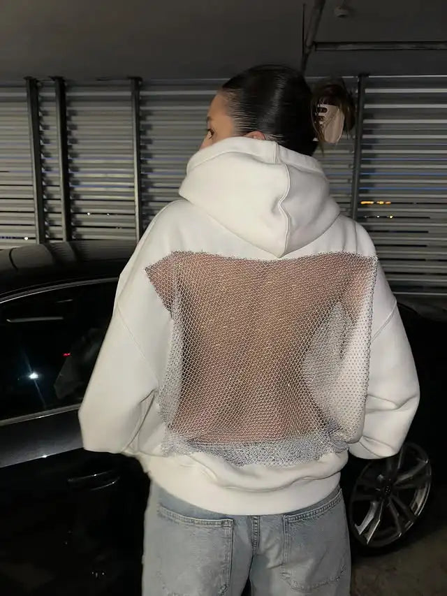Felpa con cappuccio con strass e rivetti con ali d'angelo alla moda da donna gotica Y2K Abbigliamento Felpa oversize allentata casual Giacca pullover casual