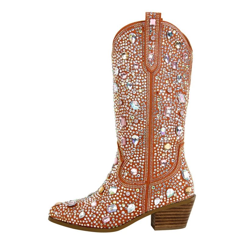 Stivaletti da Donna Stile Western con Strass e Gemme, Punta Rotonda, Neri e Blu, Stivali alla Moda con Cristalli