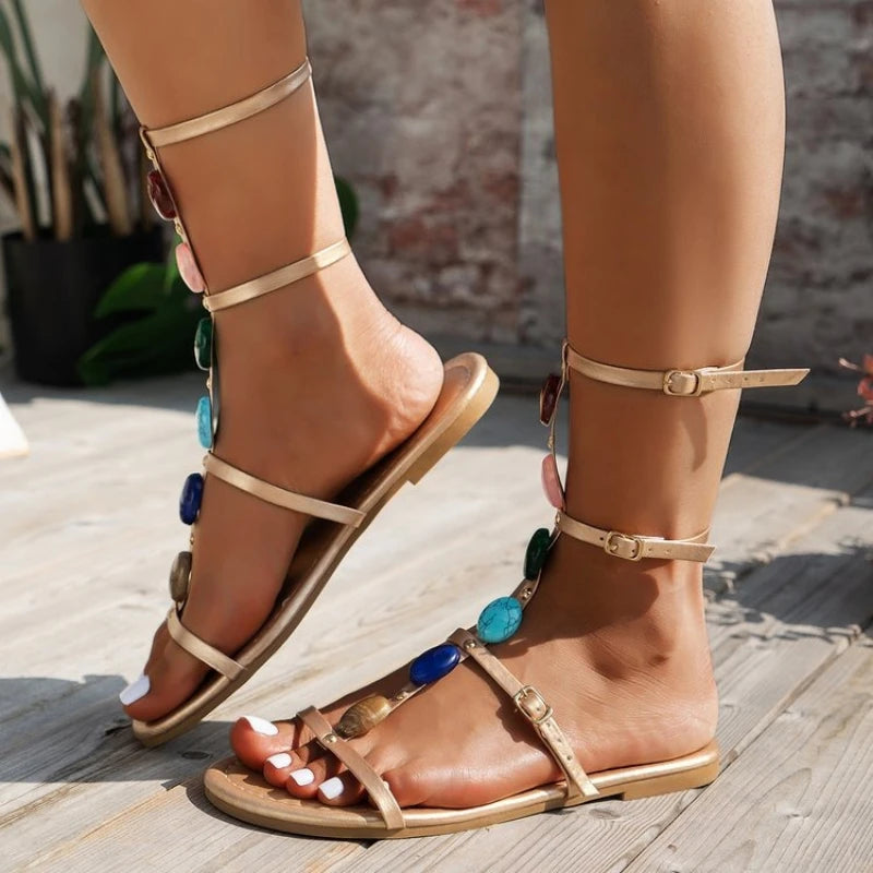 Sandali gladiatore moda stile bohemien donna estate retrò Roma cinturino con gemme colorate scarpe basse punta aperta calzature per banchetti
