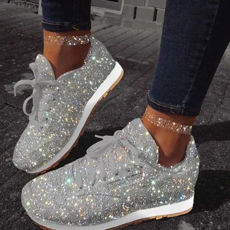 2025 nuove scarpe da ginnastica piatte da donna scarpe vulcanizzate Bling casual da donna scarpe da donna all'aperto con plateau in rete con lacci taglie forti