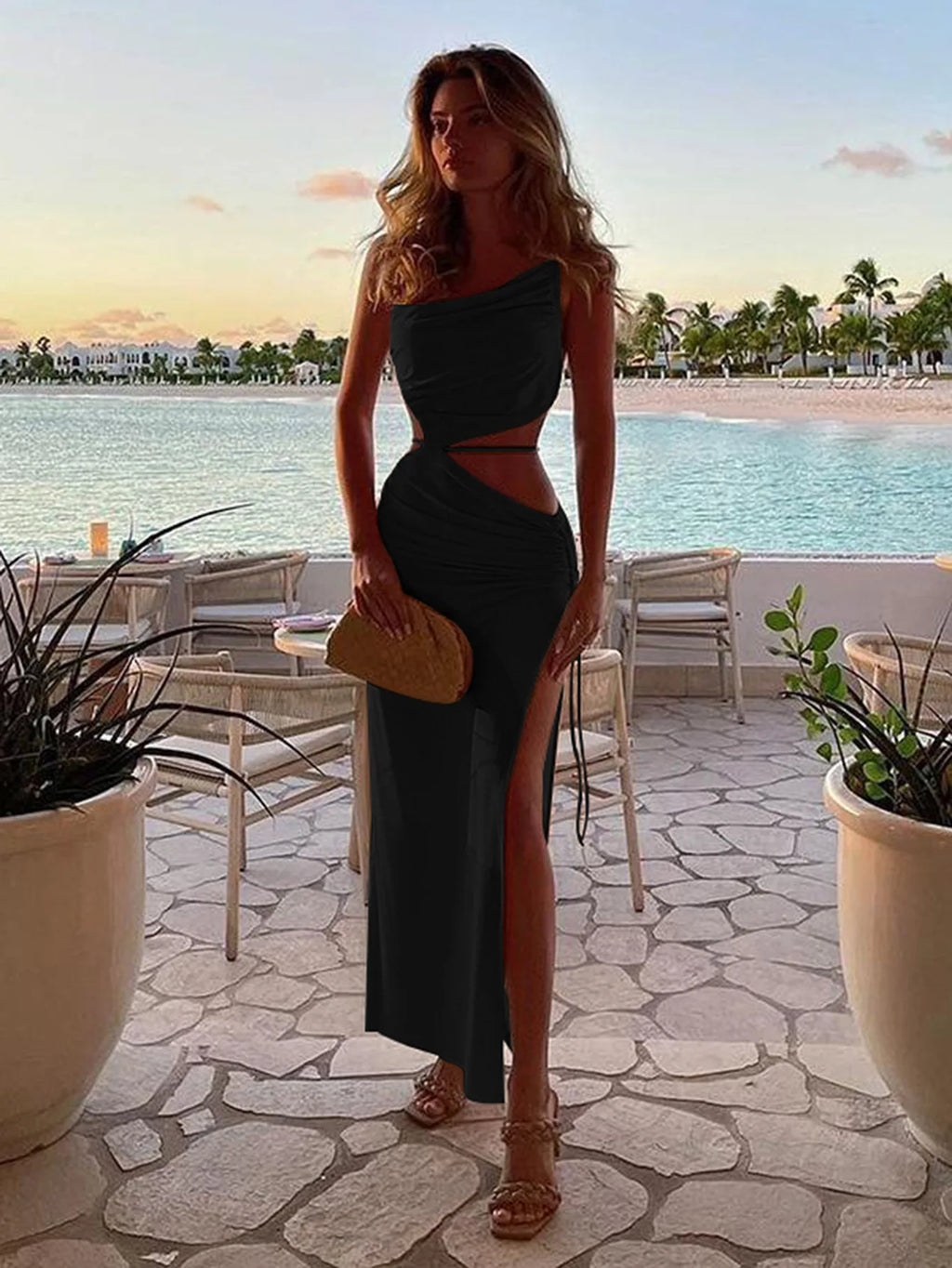 Abiti a canotta vuoti Abito solido Donna Lunghezza caviglia Slim Sexy Impiombato Summer Guaina Party Leggero elasticizzato senza maniche 2025