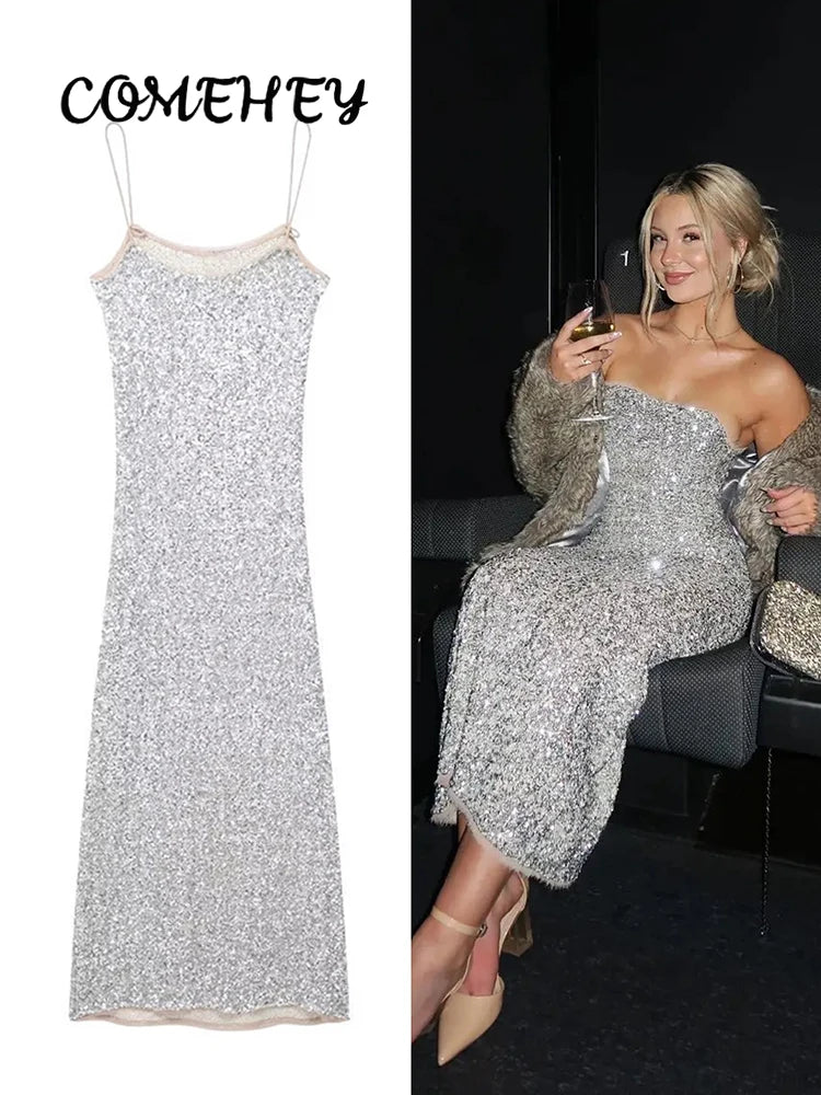 Elegante Abito con Paillettes da Donna Primavera Estate 2026, Vestito Senza Maniche con Scollo a Barca, Abito da Festa Scintillante, Dolce Abito da Ufficio Argento