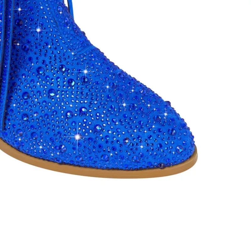2024 nuovi stivali Chelsea al ginocchio con strass con cerniera nappe a punta moda lucida stivali da donna europei e americani 35-43