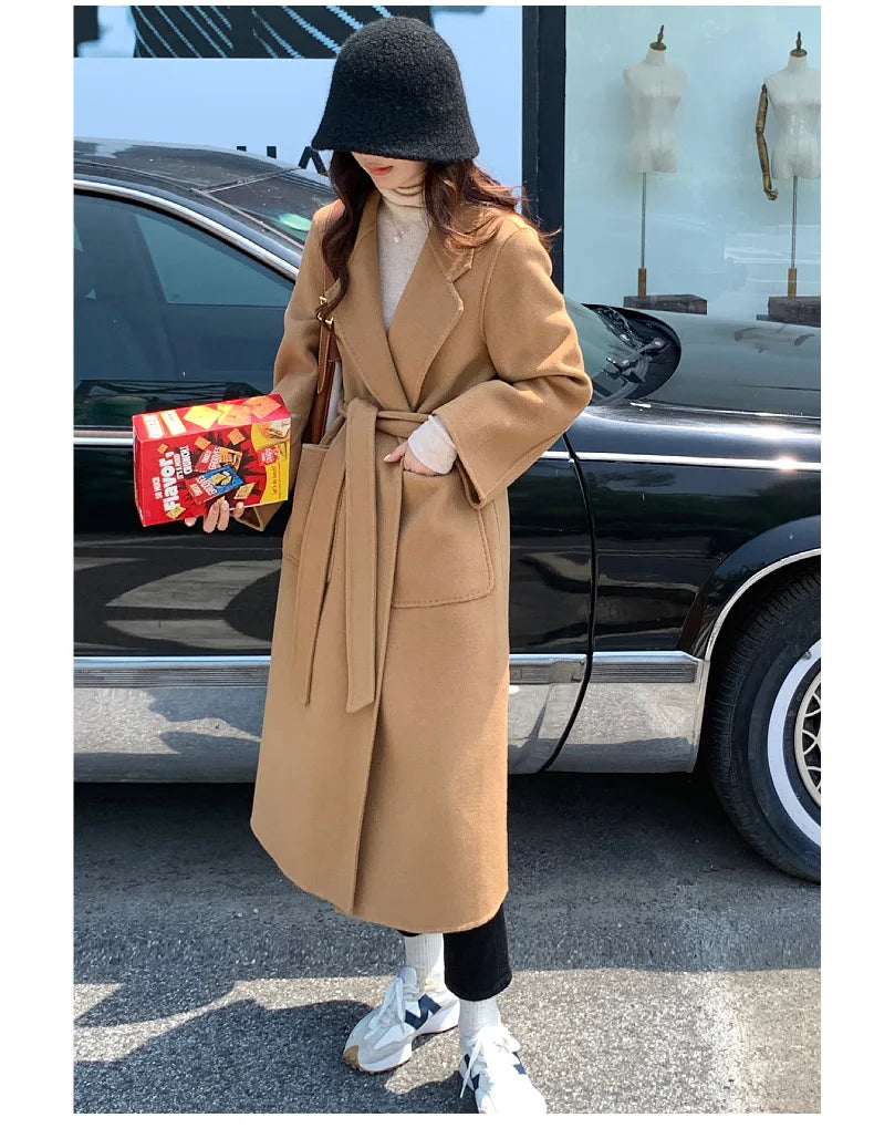 2024 Donne di Inverno di Lusso Fatti A Mano Cappotti di Lana Double Face 100% X-Lunghi Cappotti di Design Coreano Delle Donne Della Tuta Sportiva Cappotti Rosa