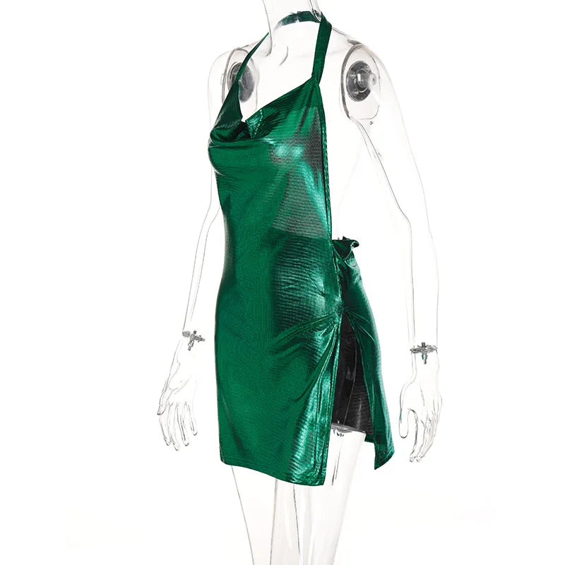 Abito corto elegante da donna sexy e alla moda con collo appeso, fondo senza schienale, abito da ballo per ragazza da festa con paillettes sul petto