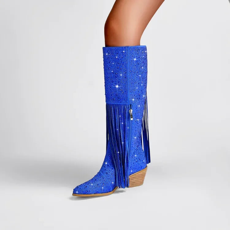 2024 nuovi stivali Chelsea al ginocchio con strass con cerniera nappe a punta moda lucida stivali da donna europei e americani 35-43