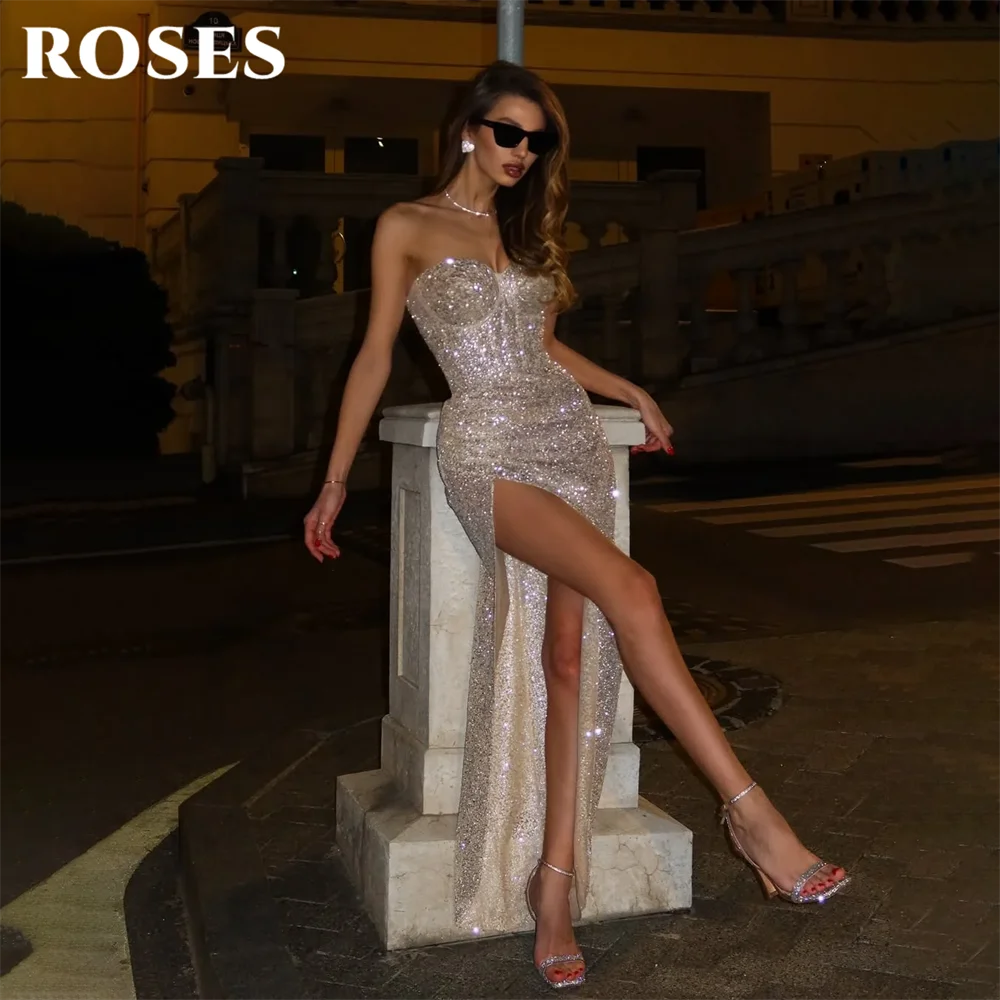 Abiti da sera argento senza spalline ROSES, abiti da gala a sirena con paillettes, abito da ballo con spacco sulla coscia, abito da festa senza maniche personalizzabile