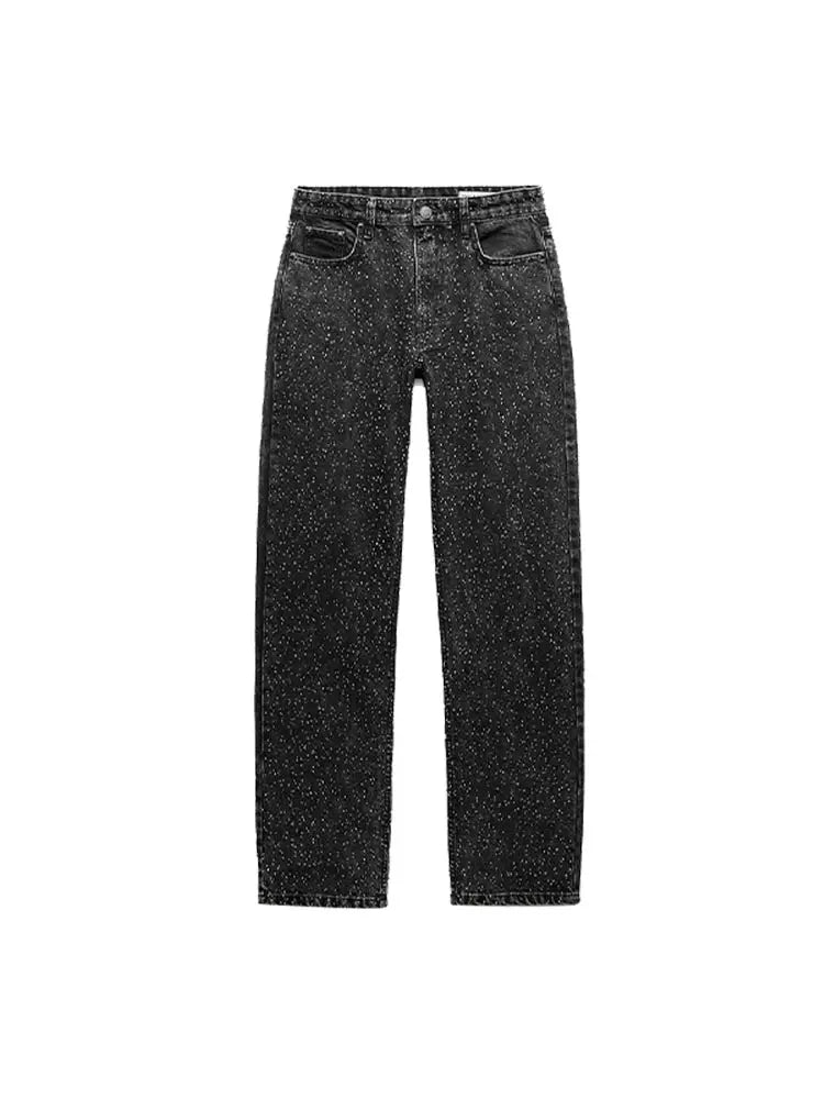 Pantaloni da donna in denim con diamanti chic Tasche a vita media con glitter alla moda Jeans femminili 2025 Pantaloni lunghi da donna di High Street primavera estate