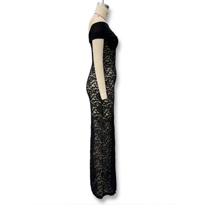 Abito lungo elegante da sera per damigella d'onore, sexy e alla moda, con scollo asimmetrico a spalla scoperta, in rete e con dettaglio avvolgente sui glutei.