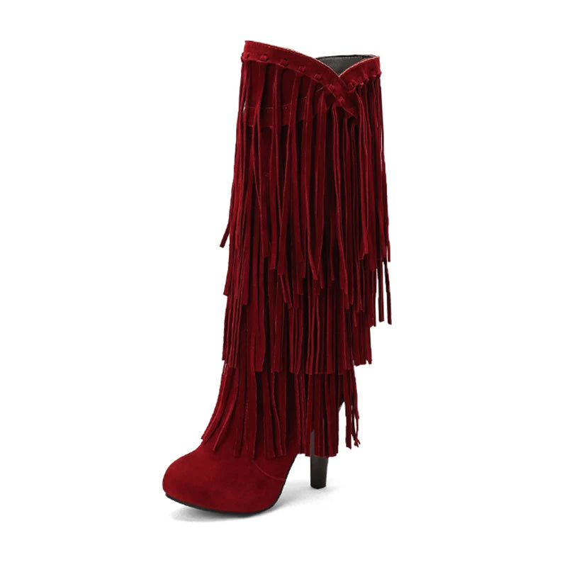 2022 primavera nuovo tacco alto con scollo a v con frange stivali da donna punta tonda impermeabile moda Sexy Set di piedi stivali da principessa