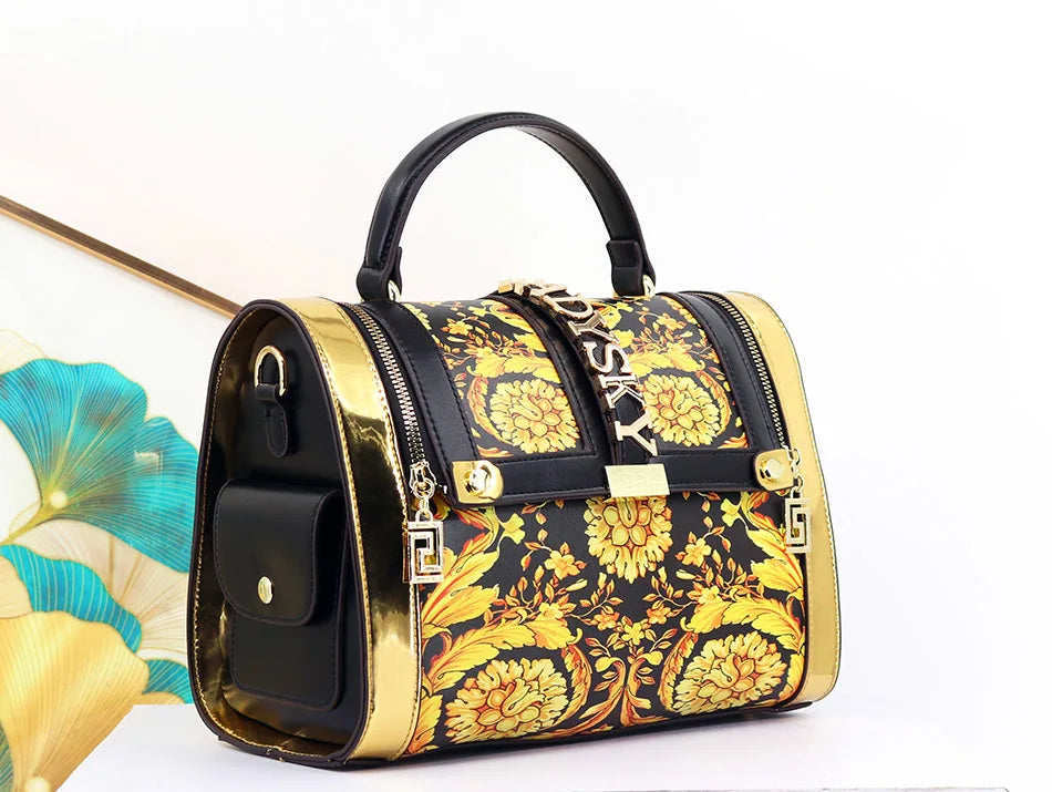 Borsa Boston da Donna con Stampa, Borsa a Spalla Grande Capacità, Borsa a Tracolla con Doppia Cerniera, Stile Mezza Copertura, Borsa con Manico Superiore